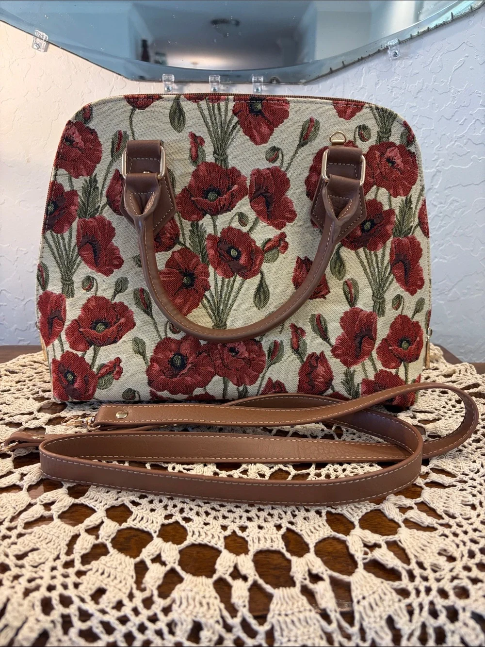 Signare Red Floral Satchel with Brown Handles
